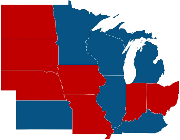 map of partisan control of governorship in Midwest states