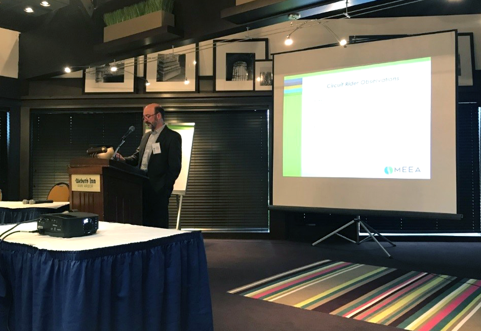 Chris Burgess, MEEA’s Technical Manager for Code Compliance, kicks off day two with an update on the DOE Residential Field Study in Kentucky. According to a preliminary MEEA analysis, the project reduced energy use in single-family homes by over 18% as a result of improved energy code compliance!